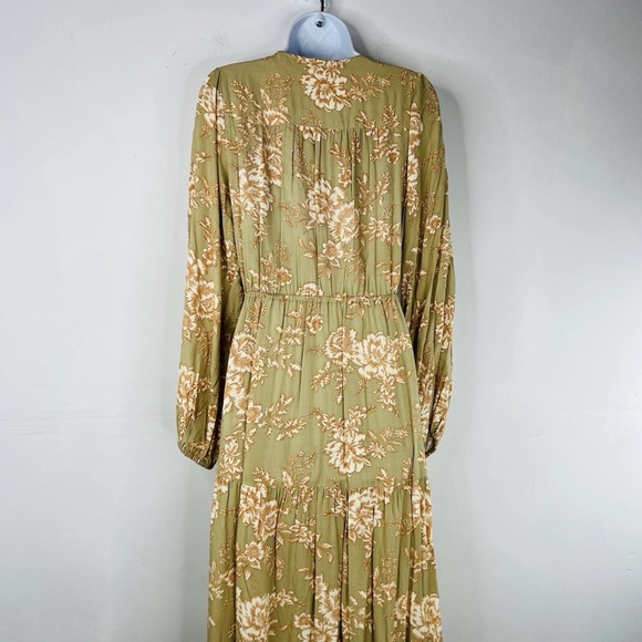 Kivari Lani Front Tie Dress Green Fliral Keyholw Midi High Low Smocked Ruffle - Picture 8 of 10